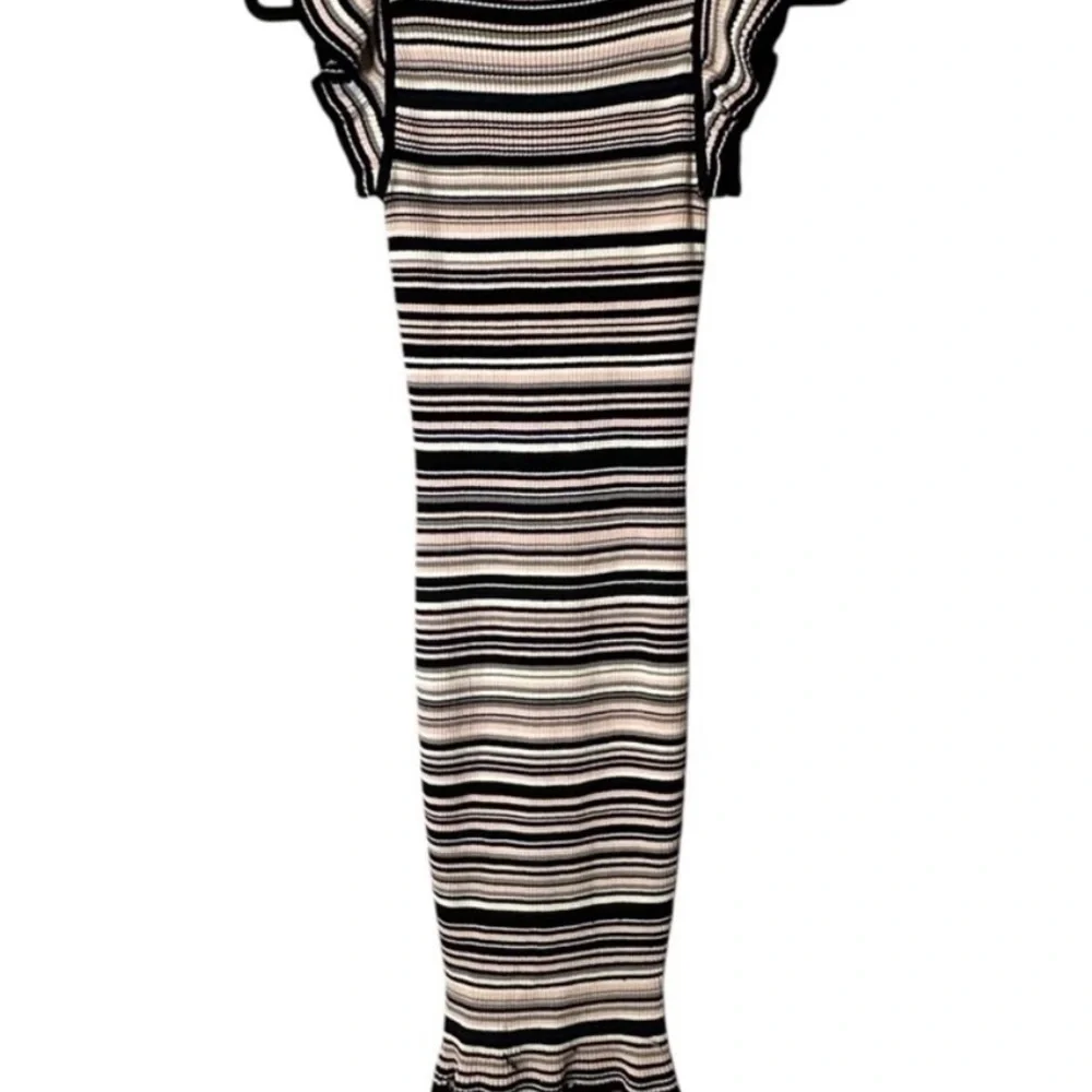 Milly Black Pink White Striped Ribbed Ruffle Hem Midi Dress - Picture 8 of 9